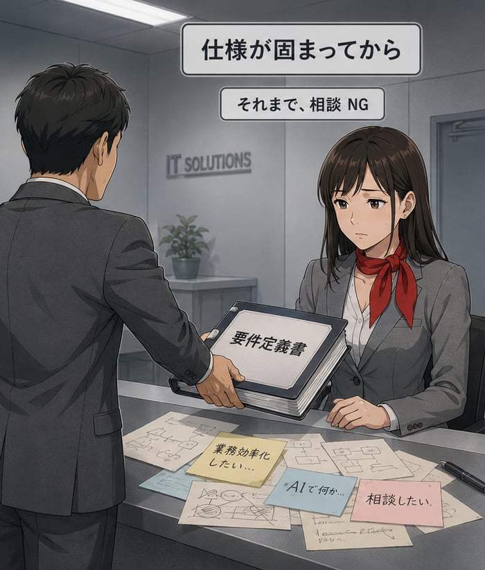 通常の IT エージェント：クライアント担当者がラフな付箋やスケッチを持ち寄っても、「要件定義書」を整えてから来いと押し付けられる