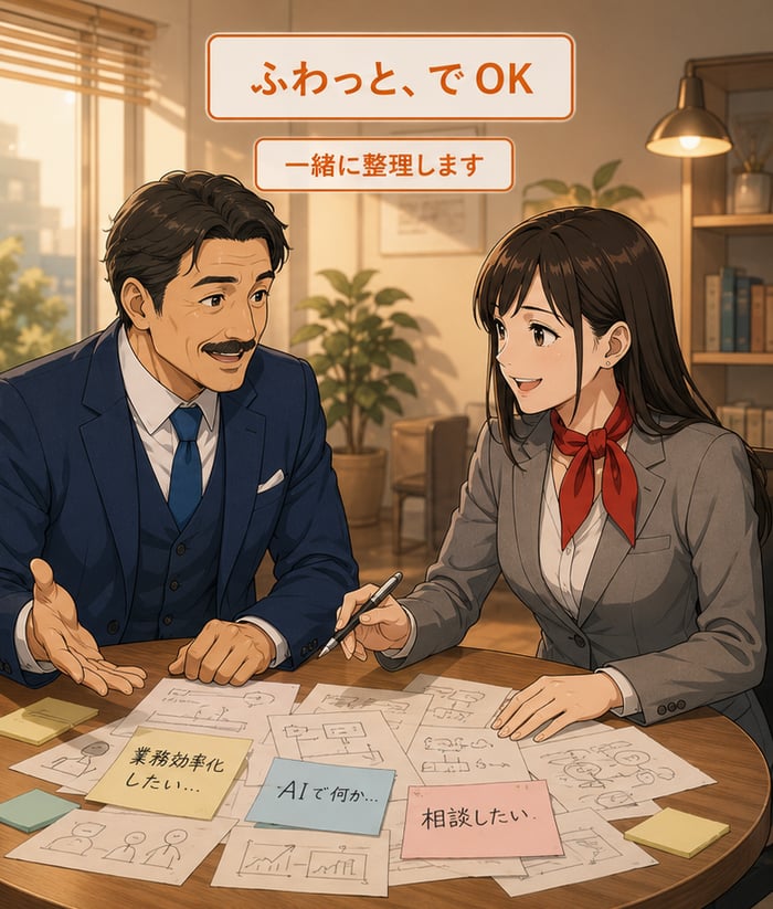 K Laboratory：代表とクライアント担当者が同じテーブルで、ふわっとしたラフメモを広げて一緒に整理を始める