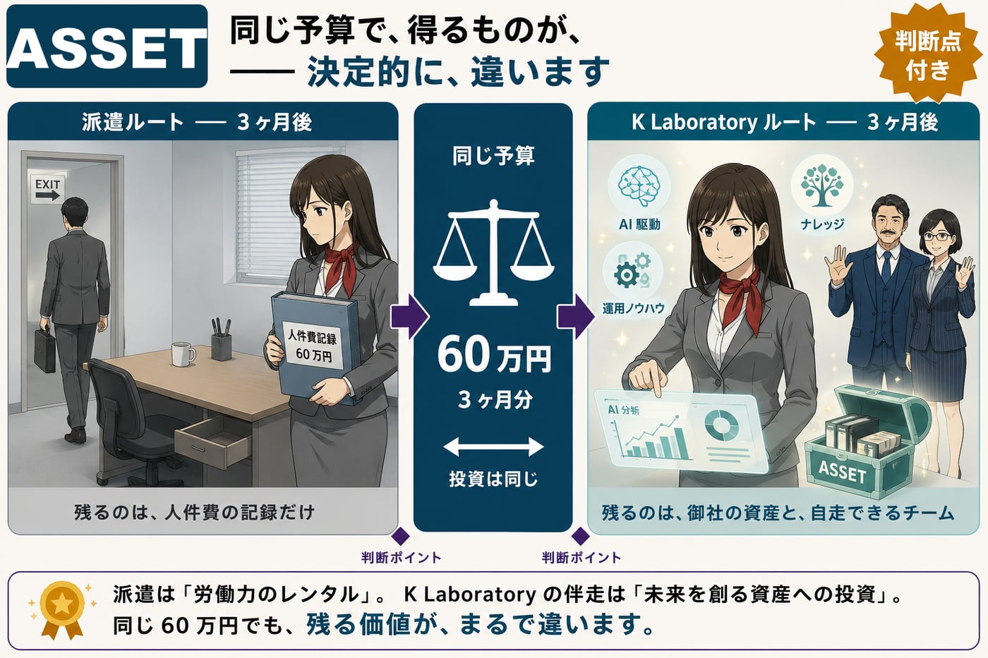 同じ予算で、得るものが決定的に違う：派遣社員 1 人を 3 ヶ月雇うと、終わった後に残るのは人件費の記録だけ。K Laboratory の 3 ヶ月集中伴走なら、御社の中に AI を回せる『資産』が残る。